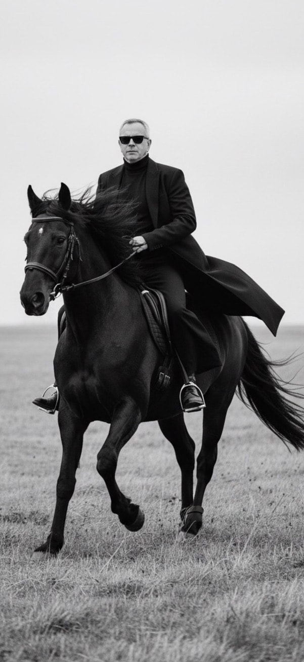 Phill Hanlon riding a black horse across open countryside